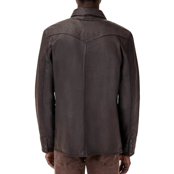 John Varvatos Men's Samuel Western Pearl Snap Leather Shirt Jacket Earth Brown - Picture 2 of 8